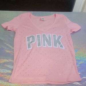 Y2K Vintage VS Pink Rhinestone Bling V-neck T-shirt Sz:S